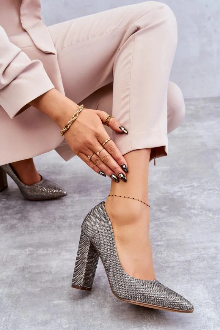 Sale Boto Błyszczące Czółenka Na Słupku Srebrno-Złote Elmira