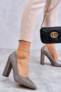 Sale Boto Błyszczące Czółenka Na Słupku Srebrno-Złote Elmira