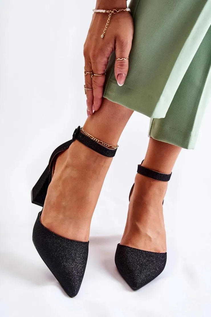 Damskie Boto Błyszczące Czółenka Na Słupku Czarne Amira