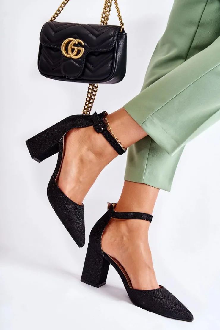 Damskie Boto Błyszczące Czółenka Na Słupku Czarne Amira