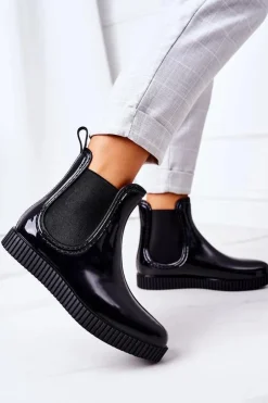 New Boto Błyszczące Kalosze Na Platformie Czarne Waterfall