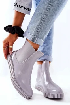 Boto Kalosze Damskie*Błyszczące Kalosze Na Platformie Szare Waterfall