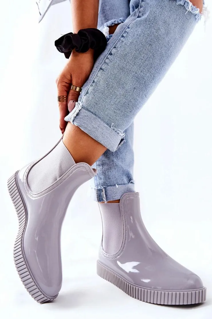 Boto Kalosze Damskie*Błyszczące Kalosze Na Platformie Szare Waterfall