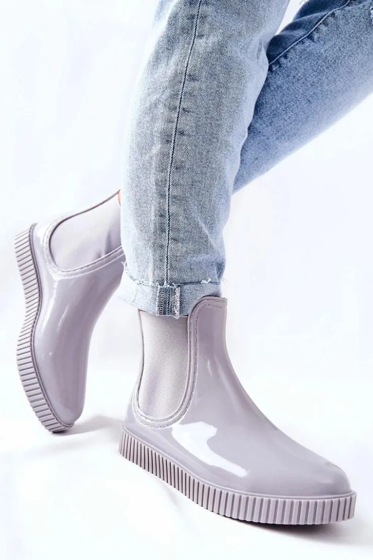 Boto Kalosze Damskie*Błyszczące Kalosze Na Platformie Szare Waterfall