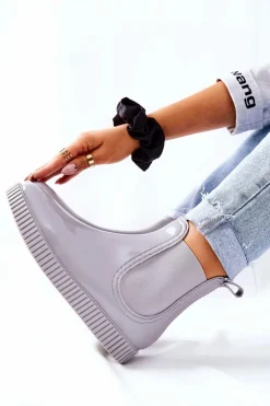 Boto Kalosze Damskie*Błyszczące Kalosze Na Platformie Szare Waterfall