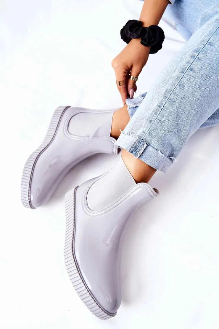 Boto Kalosze Damskie*Błyszczące Kalosze Na Platformie Szare Waterfall