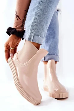 Damskie Boto Błyszczące Kalosze Na Platformie Beżowe Waterfall