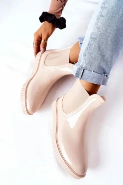 Damskie Boto Błyszczące Kalosze Na Platformie Beżowe Waterfall