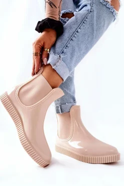 Damskie Boto Błyszczące Kalosze Na Platformie Beżowe Waterfall
