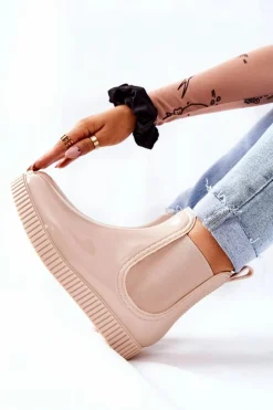 Damskie Boto Błyszczące Kalosze Na Platformie Beżowe Waterfall