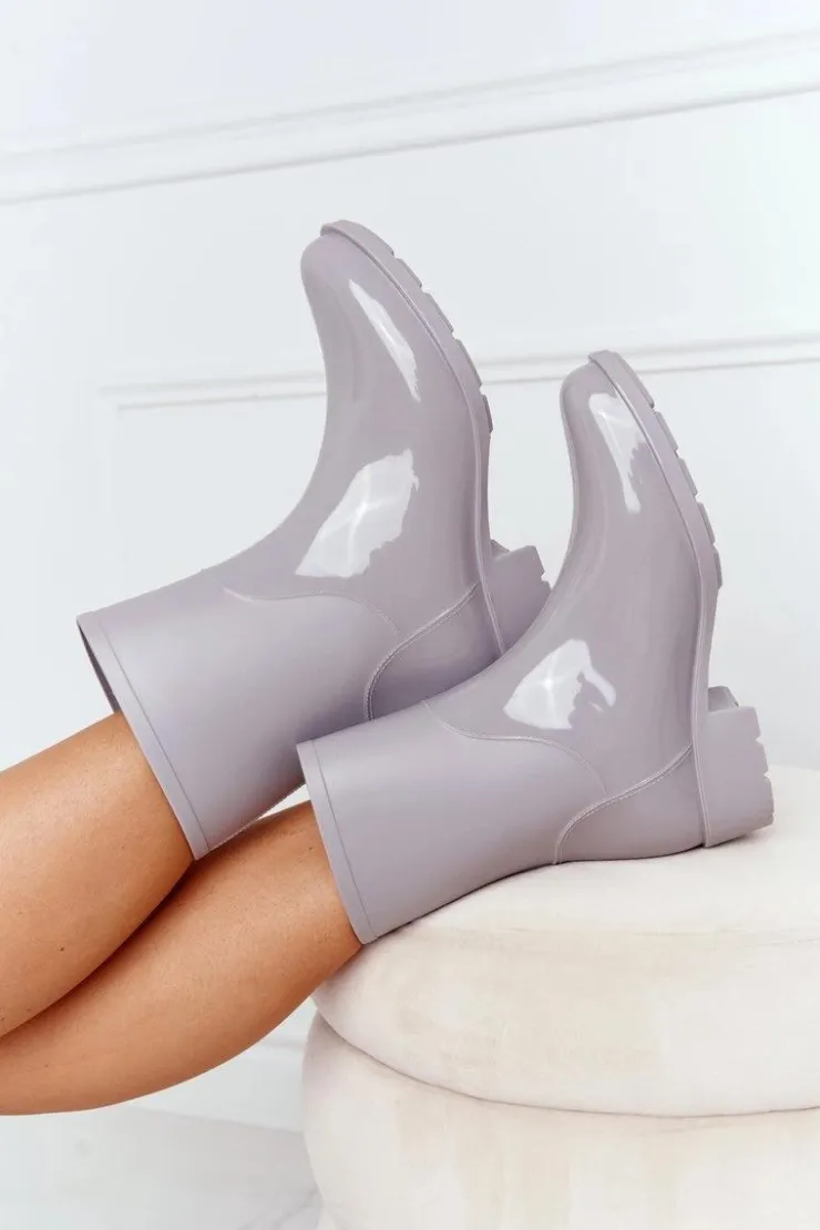 Damskie Boto Błyszczące Kalosze Sztyblety Szare Rainy Day