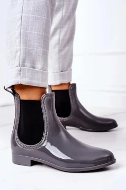 Boto Kalosze Damskie*Błyszczące Kalosze Sztyblety Szare Umbrella