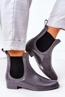 Boto Kalosze Damskie*Błyszczące Kalosze Sztyblety Szare Umbrella