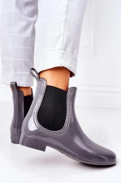 Boto Kalosze Damskie*Błyszczące Kalosze Sztyblety Szare Umbrella