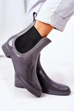 Boto Kalosze Damskie*Błyszczące Kalosze Sztyblety Szare Umbrella