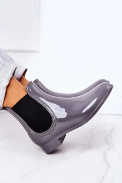 Boto Kalosze Damskie*Błyszczące Kalosze Sztyblety Szare Umbrella