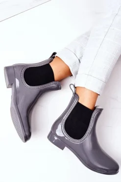 Boto Kalosze Damskie*Błyszczące Kalosze Sztyblety Szare Umbrella