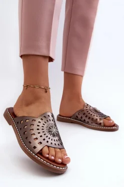 Boto Klapki Damskie Klasyczne*Błyszczące Klapki Damskie Na Płaskim Obcasie Z Ozdobą Miedziane Ebirena