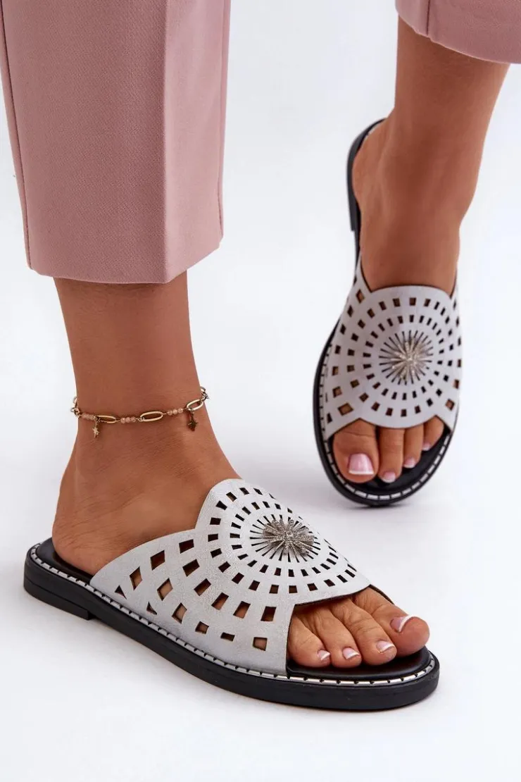 Boto Klapki Damskie Klasyczne*Błyszczące Klapki Damskie Na Płaskim Obcasie Z Ozdobą Srebrne Ebirena Srebrny