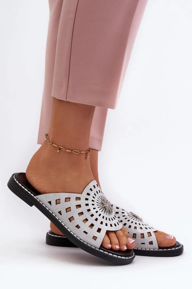 Boto Klapki Damskie Klasyczne*Błyszczące Klapki Damskie Na Płaskim Obcasie Z Ozdobą Srebrne Ebirena Srebrny