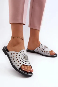 Boto Klapki Damskie Klasyczne*Błyszczące Klapki Damskie Na Płaskim Obcasie Z Ozdobą Srebrne Ebirena Srebrny