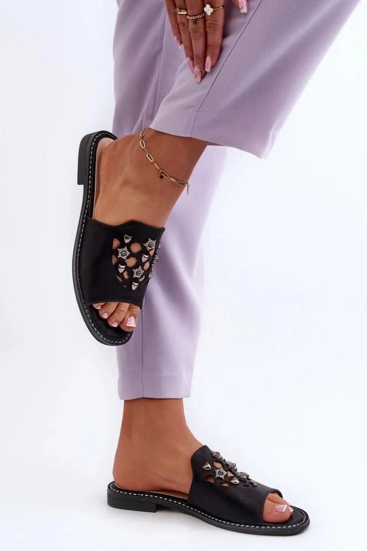 Damskie Damskie buty S.Barski Błyszczące Klapki Damskie Z Ozdobami S.Barski KV27-063 Czarne