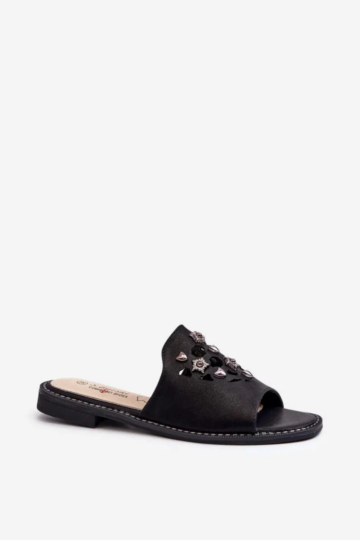 Damskie Damskie buty S.Barski Błyszczące Klapki Damskie Z Ozdobami S.Barski KV27-063 Czarne