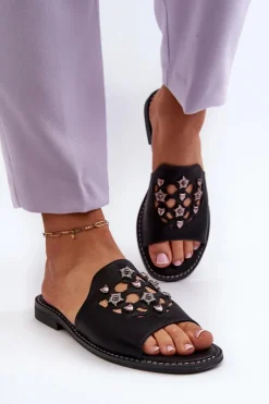 Damskie Damskie buty S.Barski Błyszczące Klapki Damskie Z Ozdobami S.Barski KV27-063 Czarne