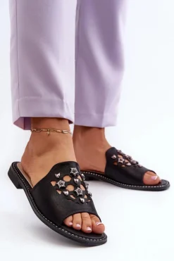 Damskie Damskie buty S.Barski Błyszczące Klapki Damskie Z Ozdobami S.Barski KV27-063 Czarne