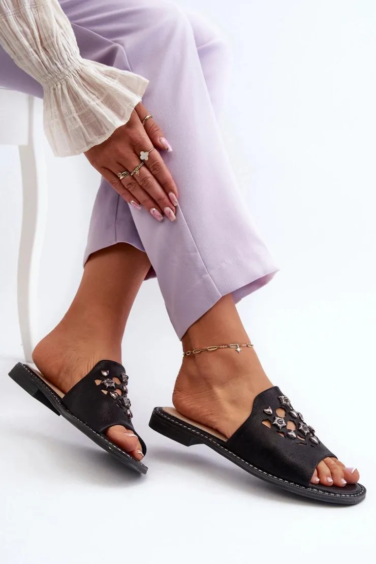 Damskie Damskie buty S.Barski Błyszczące Klapki Damskie Z Ozdobami S.Barski KV27-063 Czarne