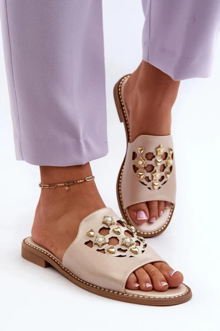 Online Damskie buty S.Barski Błyszczące Klapki Damskie Z Ozdobami S.Barski KV27-063 Złote