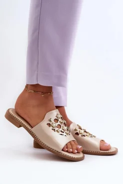 Online Damskie buty S.Barski Błyszczące Klapki Damskie Z Ozdobami S.Barski KV27-063 Złote