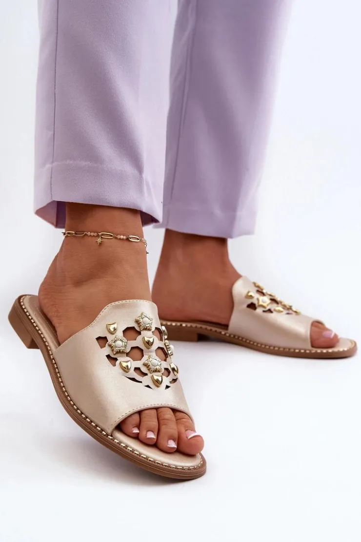 Online Damskie buty S.Barski Błyszczące Klapki Damskie Z Ozdobami S.Barski KV27-063 Złote