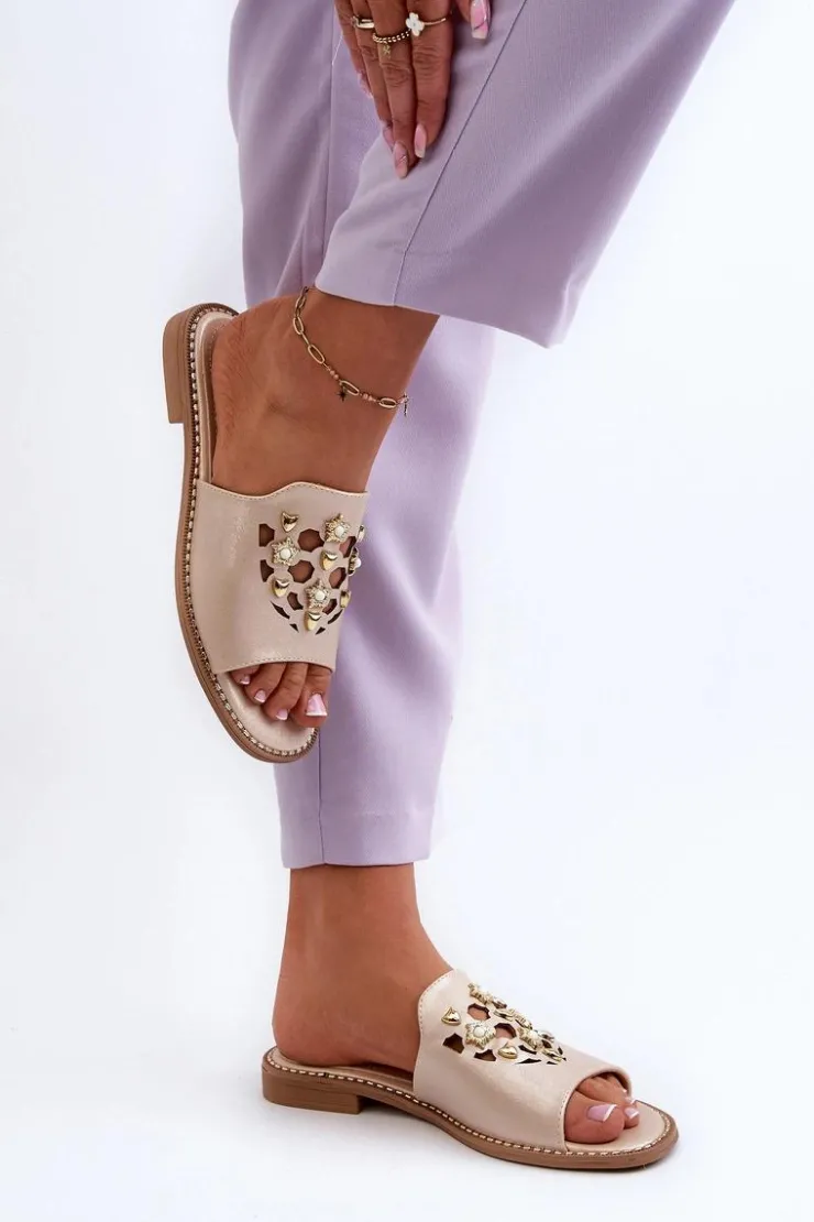 Online Damskie buty S.Barski Błyszczące Klapki Damskie Z Ozdobami S.Barski KV27-063 Złote