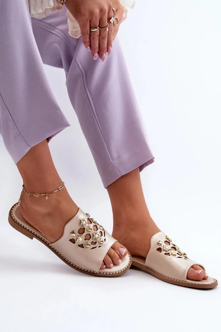 Online Damskie buty S.Barski Błyszczące Klapki Damskie Z Ozdobami S.Barski KV27-063 Złote