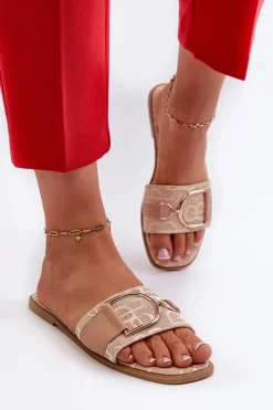 New Boto Błyszczące Klapki Damskie Z Ozdobą Beżowe Taleci Beżowy