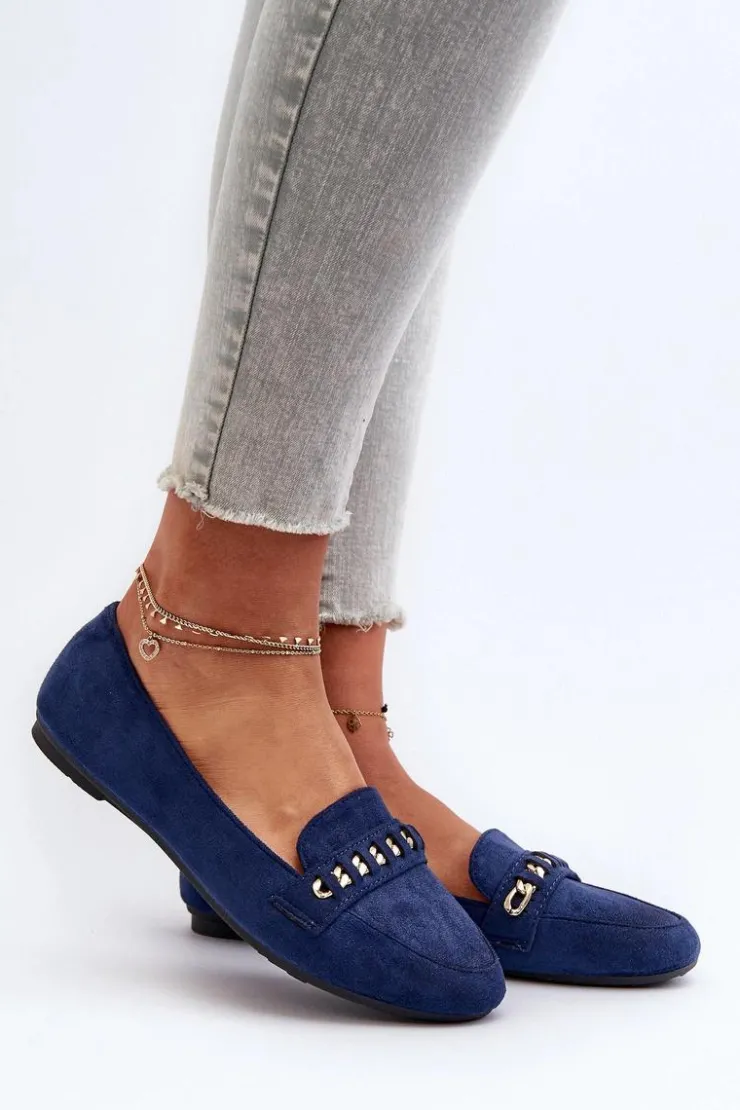 Boto Loafersy Damskie|Mokasyny Damskie Zamszowe*Błyszczące Mokasyny Damskie Z Łańcuchem Granatowe Aredilla Niebieski