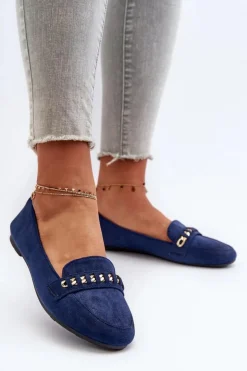 Boto Loafersy Damskie|Mokasyny Damskie Zamszowe*Błyszczące Mokasyny Damskie Z Łańcuchem Granatowe Aredilla Niebieski