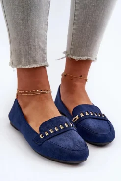 Boto Loafersy Damskie|Mokasyny Damskie Zamszowe*Błyszczące Mokasyny Damskie Z Łańcuchem Granatowe Aredilla Niebieski