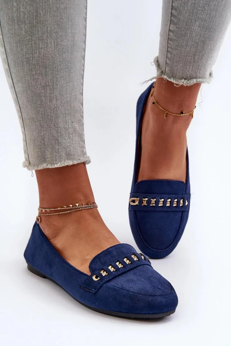 Boto Loafersy Damskie|Mokasyny Damskie Zamszowe*Błyszczące Mokasyny Damskie Z Łańcuchem Granatowe Aredilla Niebieski