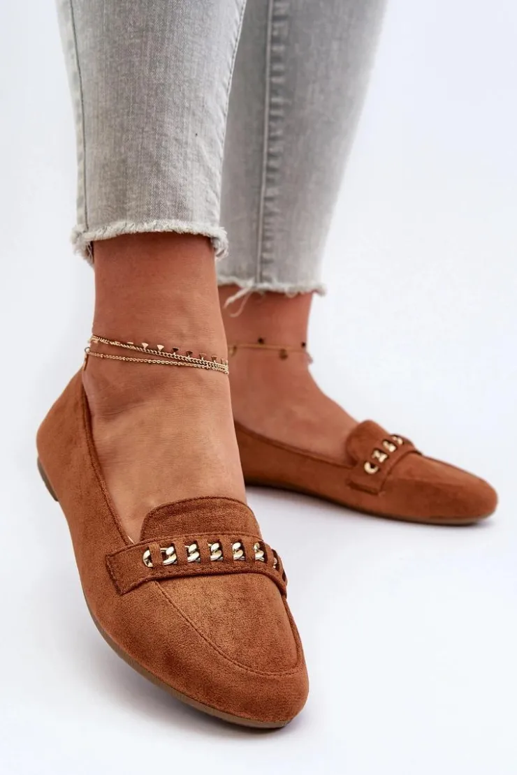 Clearance Boto Błyszczące Mokasyny Damskie Z Łańcuchem Camel Aredilla Brązowy