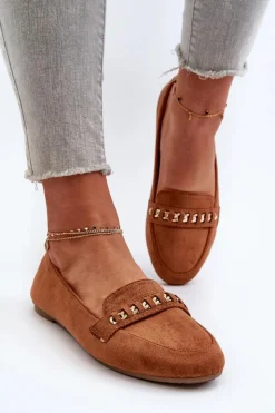 Clearance Boto Błyszczące Mokasyny Damskie Z Łańcuchem Camel Aredilla Brązowy