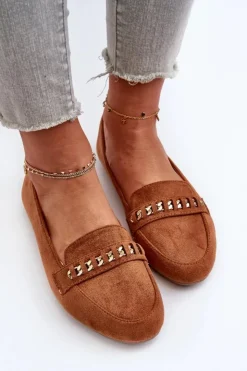 Clearance Boto Błyszczące Mokasyny Damskie Z Łańcuchem Camel Aredilla Brązowy