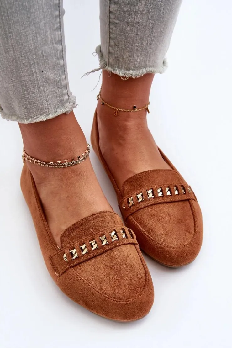 Clearance Boto Błyszczące Mokasyny Damskie Z Łańcuchem Camel Aredilla Brązowy