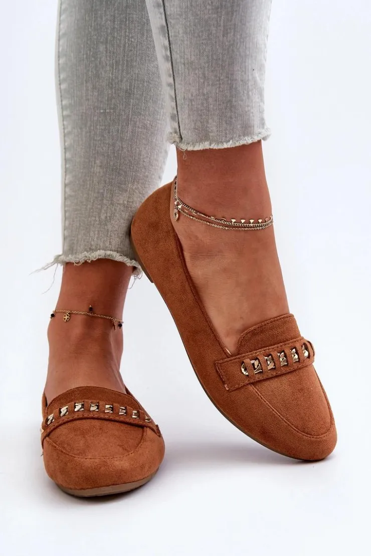 Clearance Boto Błyszczące Mokasyny Damskie Z Łańcuchem Camel Aredilla Brązowy