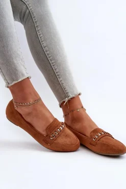 Clearance Boto Błyszczące Mokasyny Damskie Z Łańcuchem Camel Aredilla Brązowy