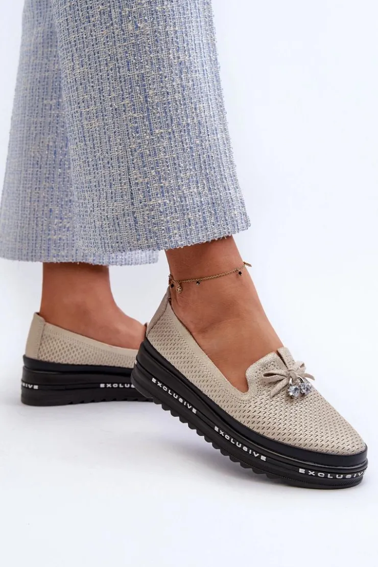 Damskie Damskie buty S.Barski Błyszczące Mokasyny Damskie Skórzane Na Platformie S.Barski LR400 Złote