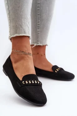 Hot Boto Błyszczące Mokasyny Damskie Z Łańcuchem Czarne Aredilla