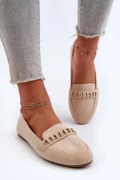 Damskie Boto Błyszczące Mokasyny Damskie Z Łańcuchem Beżowe Aredilla