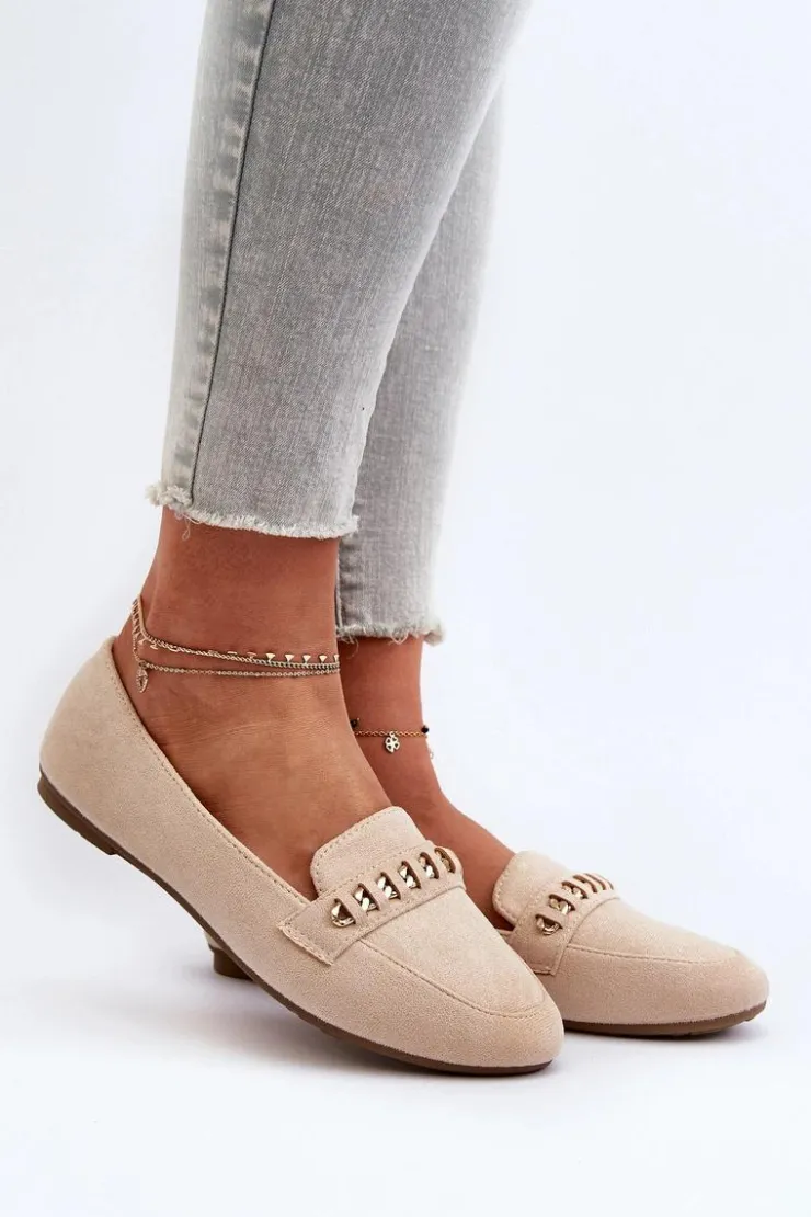 Damskie Boto Błyszczące Mokasyny Damskie Z Łańcuchem Beżowe Aredilla